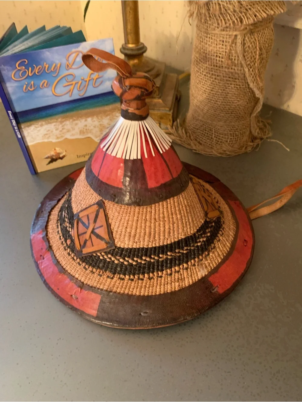 VINTAGE Fulani Hat from West Africa, HANDMADE Conical fiber straw leather trim.